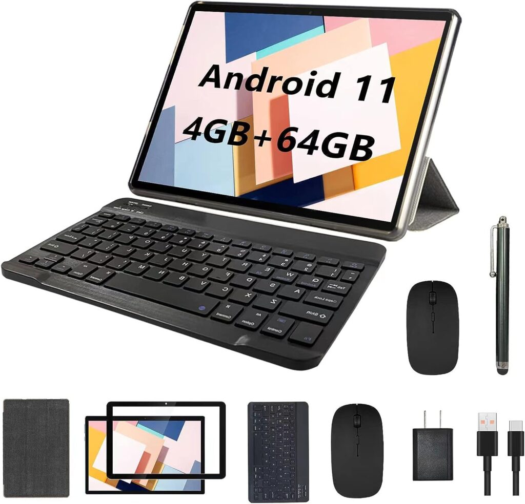 2023 Upgraded 2 in 1 Tablet, Android 11 Tablet 10.1 Inch, Tablet with Keyboard, Mouse, Stylus, Case, Film, 64GB ROM+4GB RAM, 1.8Ghz Quad-Core Processor, 8MP Camera, GPS/WiFi/Bluetooth Google Tablet PC