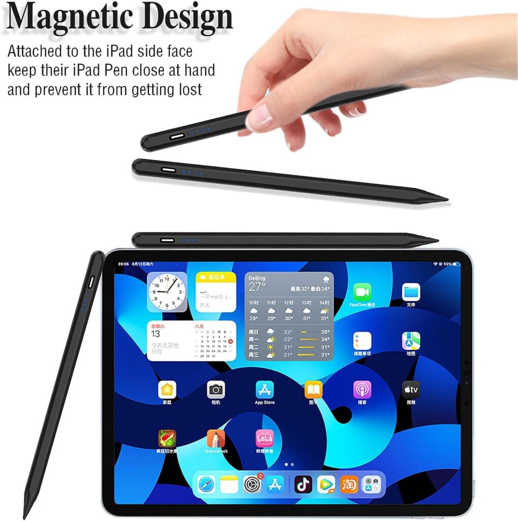 Active Stylus Pens for Touch Screens Rechargeable Tablet Pen POM Tip Magnetic iPad Pencil Universal Stylus Pen for iPad/Pro/Air/Mini/iPhone/Samsung/Lenovo/IOS/Android and Other Smartphone Device-Black