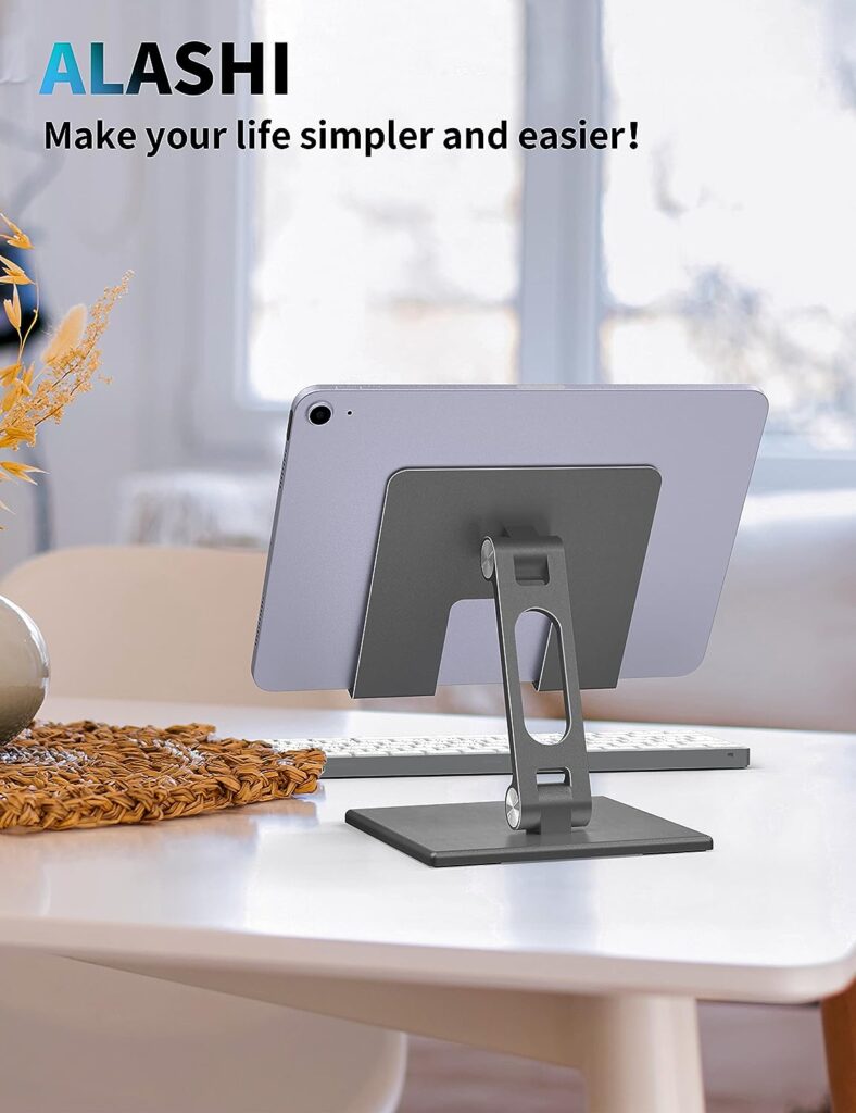 ALASHI Tablet Stand for Desk, Stable Tablet Holder with Heavy and Thickened Metal Base for Large Tablet Device, Multi-Angles Adjustable and Foldable, Universal Supports 4-13.3 Inches Tablet, Gray