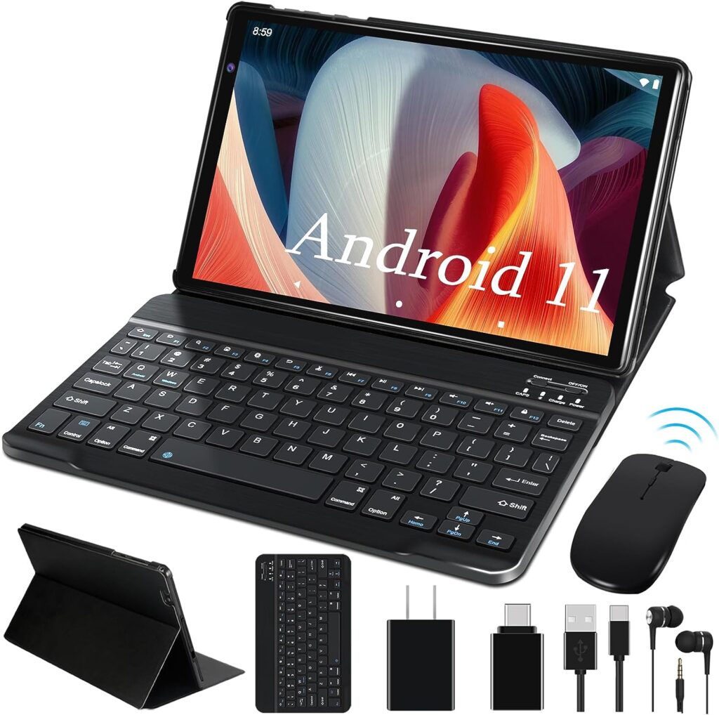 FACETEL Tablet 10 inch Android Tablet with Keyboard 2 in 1 Tablet 4GB RAM 64GB ROM TF 128 GB, 8000mAh, FHD, Dual Camera, WiFi Bluetooth Tablet with Mouse, Black