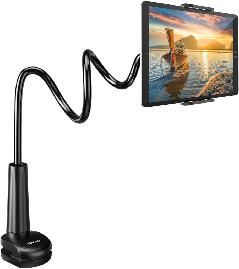 Gooseneck Tablet Holder Stand for Bed: Tryone Adjustable Flexible Arm Tablets Mount Clamp on Table Compatible with iPad Air Mini | Galaxy Tabs | Kindle Fire | Switch or Other 4.7 -10.5 Devices