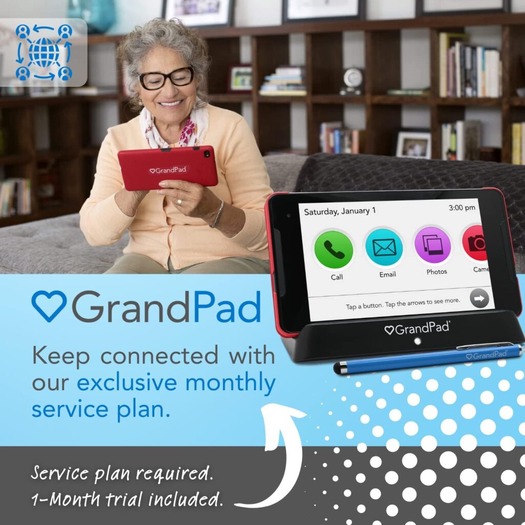 GrandPad Senior Tablet with Phone Capabilities, 4G LTE, Wireless Charger, Stylus, - 1 Month Premium Service Plan Included, Purchase a Plan at Activation