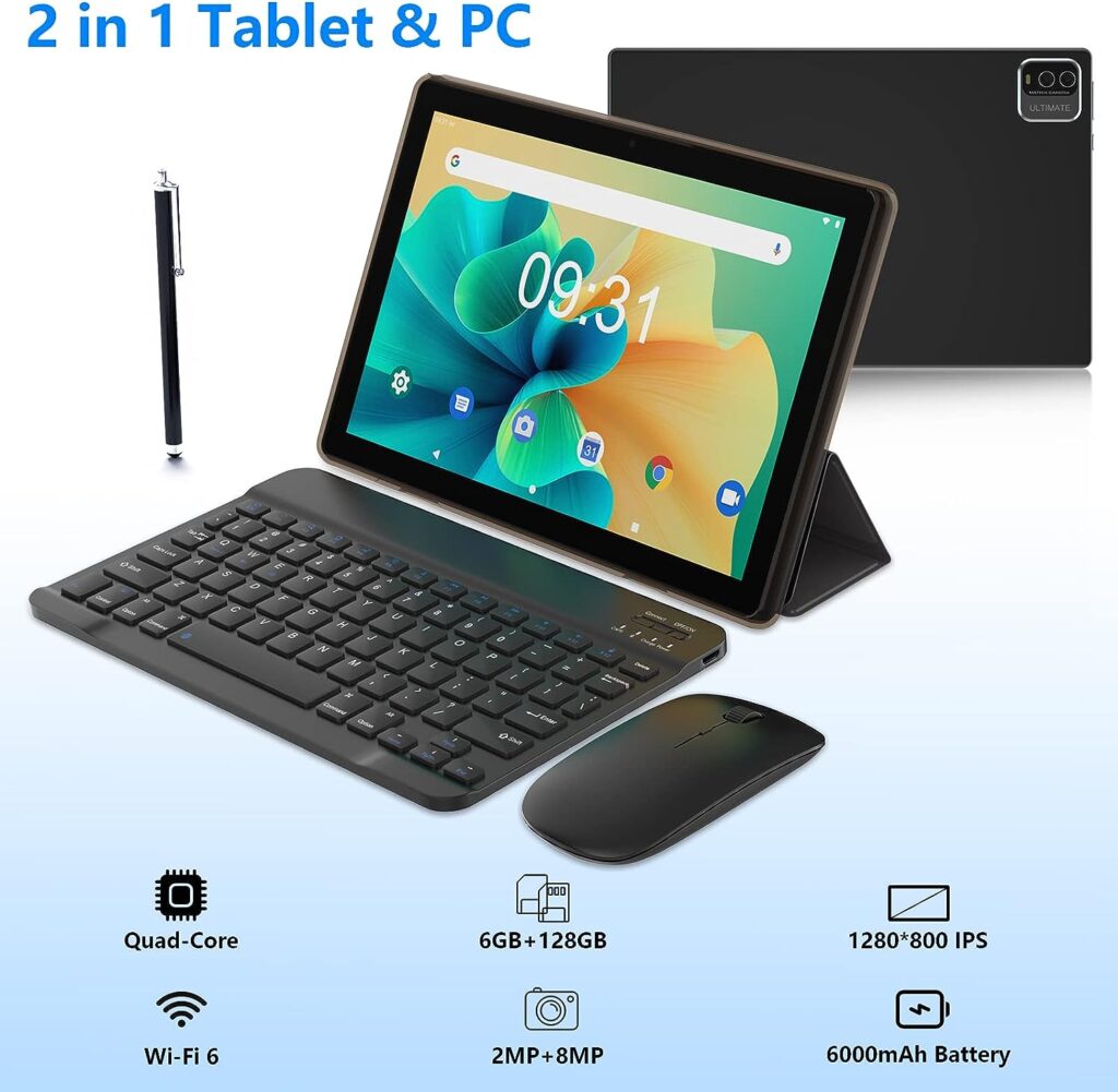 HOTTABLET Newest 10 inch Tablets 6GB RAM 128GB ROM 1T Expansion Tablet with Keyboard, WiFi 6 Android 11 Tablet PC, IPS Screen, Dual Camera, 6000mAh Battery Computer Tablet with Case, Stylus, Black