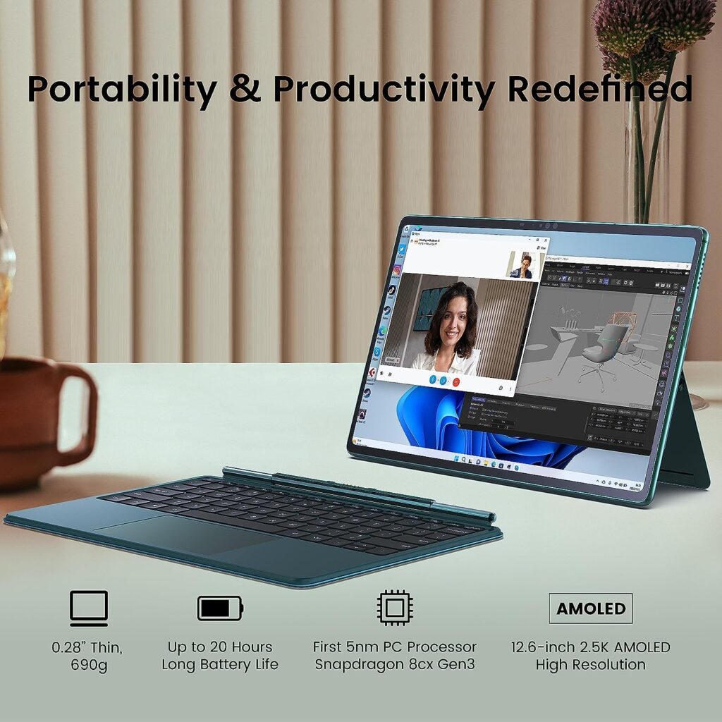 Robo  Kala 2 in 1 Laptop, 690g Lightweight, Up to 20H Long Battery Life, 12.6’AMOLED Touchscreen, Snapdragon 5nm PC Processor, 16GB RAM, 512GB SSD, WiFi Bluetooth, Win 11, 4K Webcam, Backlit Keyboard : Electronics