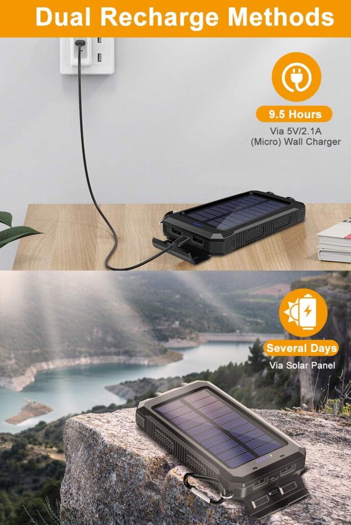 Solar Charger,20000mAh Portable Solar Power Bank,Waterproof External Backup Battery Power Pack Charger with 2 USB/LED Flashlights Compatible with iPhone,Tablet,Android,Suitable for Outdoor Camping