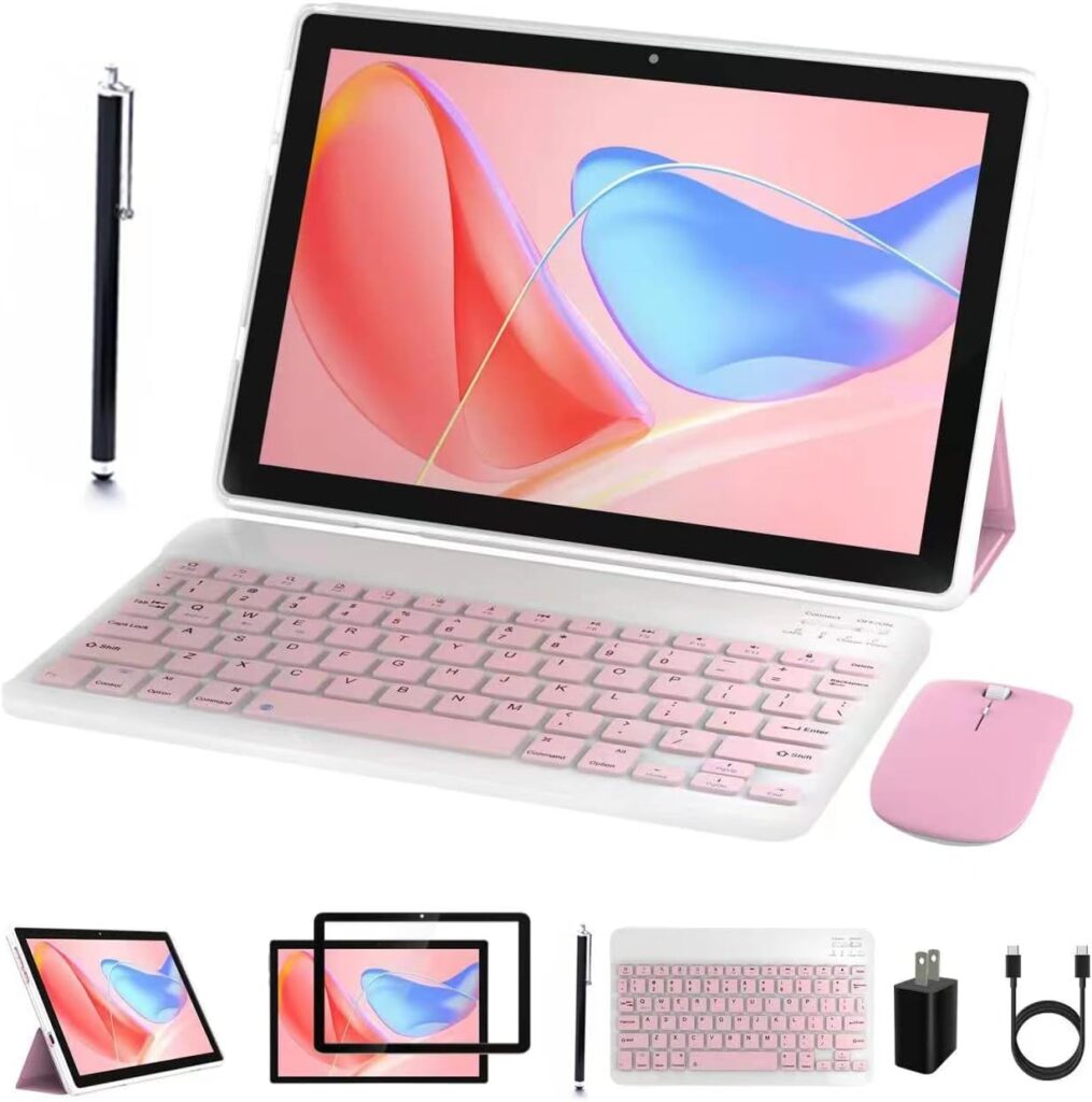 Tablet 10 Inch Android Tablets, 2 in 1 Tablet With Keyboard 64GB+4GB RAM 10.1 Tablets, 8MP Camera 6000mAh Battery, Include Keyboard/Mouse/ Case/ Stylus Pen/Tempered Film Wifi Tab Pink/Girl Tablet PC