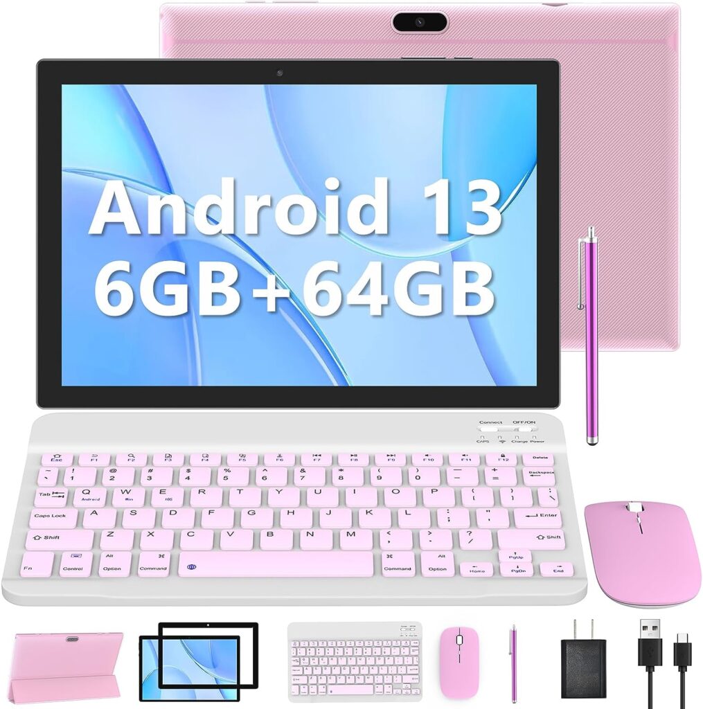 Tablet 2 in 1 6GB+64GB Tablet, 10 inch Android 13 Tablet Set, Tablets with Keyboard Case Mouse Stylus Screen Flim, ddr4 5G Wi-Fi WIFI6 10.1 IN HD Touch Screen 8MP Dual Camera, Games Tab, BT Tableta PC