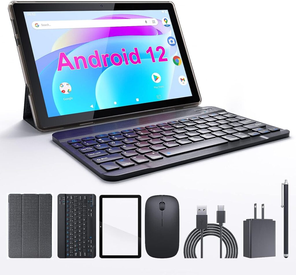 Tablet 2 in 1 Android 12 Tablet with Keyboard, 10 inch Tablets Include Mouse Stylus Tempered Film, 6000mAh Tablet 2GB RAM 32GB ROM 512GB Expandable Tableta, 8MP Dual Camera, WiFi BT Google Tablet PC.