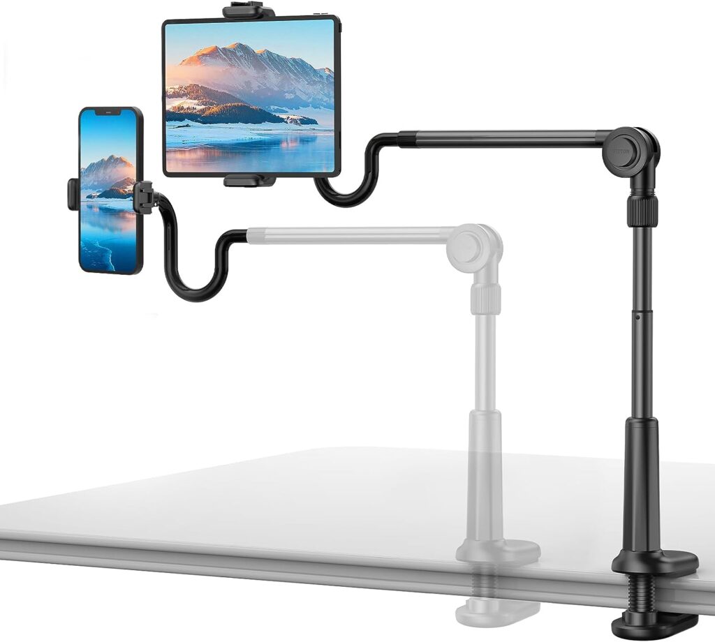 UHIKY 4.6-11 Phone  Tablet Holder for Bed, gooseneck Cellphone Stand, Flexible Overhead Mount clamp Clip for Desk Bedside headboard, Recording Filming, for iPhone/iPad/Tablet/Kindle