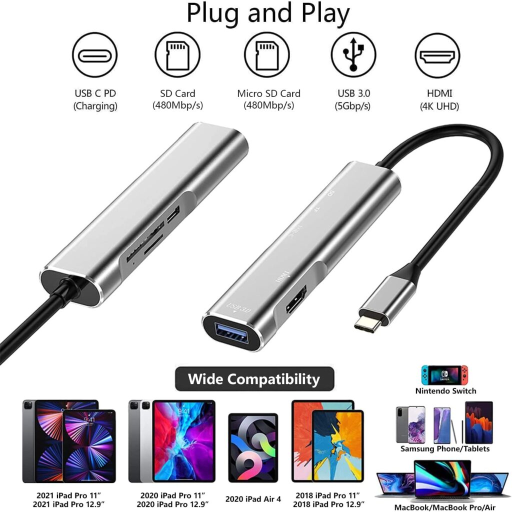 USB C to HDMI Multiport Adapter for iPad Pro 2021/2020/12.9/11,Samsung DeX,Dex Station Pad for Galaxy S22/S21/S20 FE/Note20/TabS7,USB C HUB with HDMI 4K,USB3.0,USB-C Charging,SD/TF