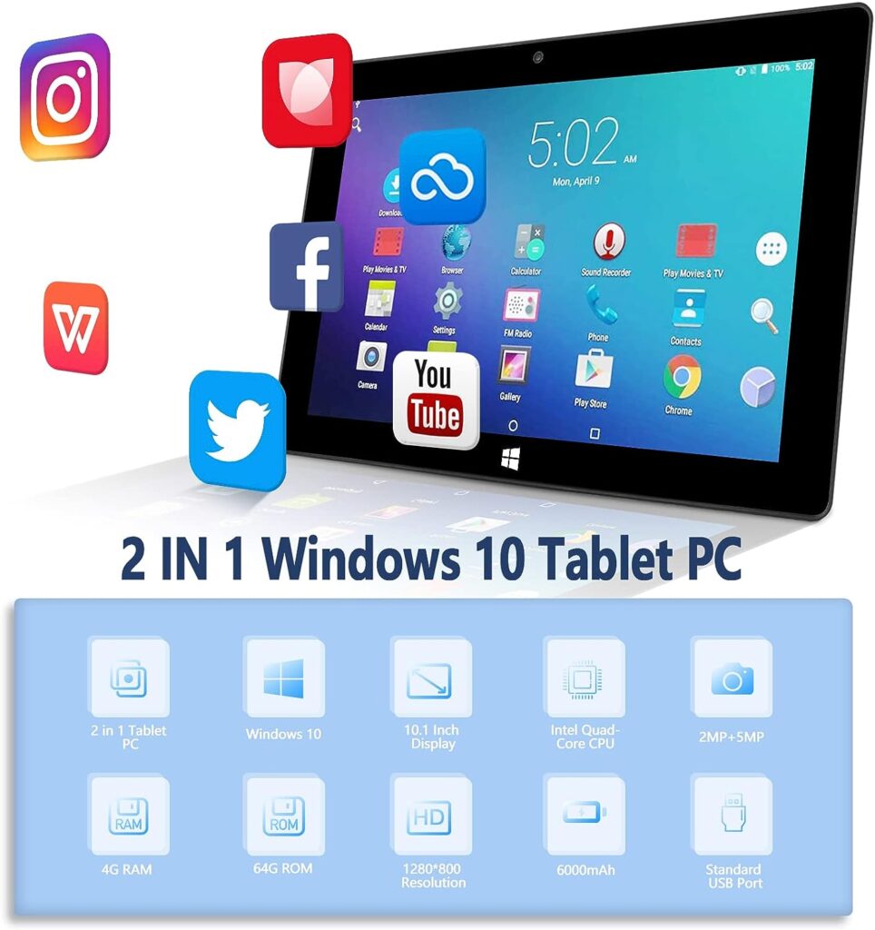 ZAOFEPU 10 Inch Tablet Windows 10 Home W101, 4GWiFiBluetooth Tablets PC RAM 4GB+ ROM 64GB, Pixel 800 x1280, 2MP+5MP Dual Camera, 6000mAh Large Capacity Battery Black Tablet Computer