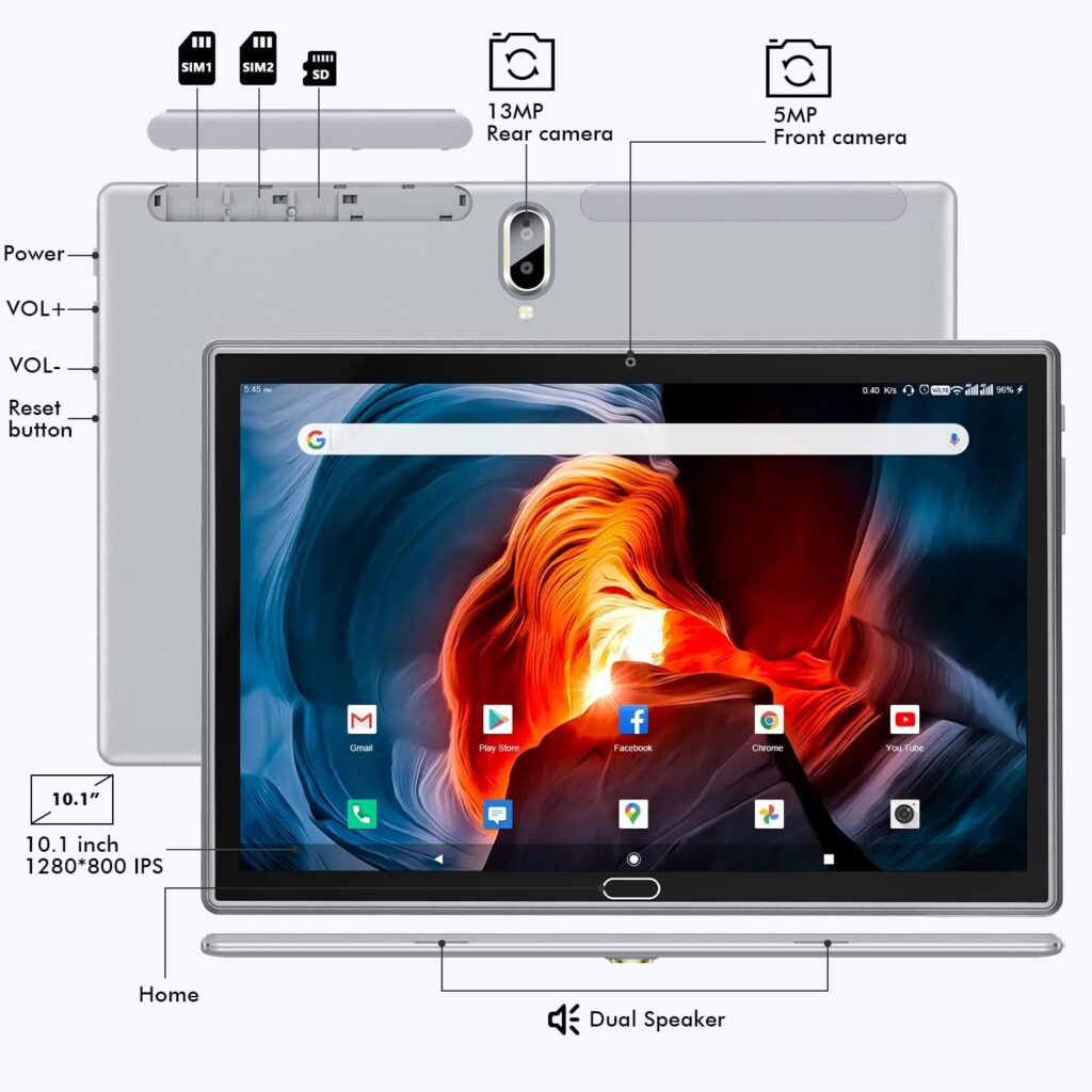 ZONKO Tablet 10 inch 2 in 1 4G Phone Tablet with Dual Sim Slot, 4GB+64GB Storage(Support 512GB Expand), Octa-Core Processor,13MP Camera, WiFi Android Tablet with Keyboard Mouse Stylus(Gray) 1
