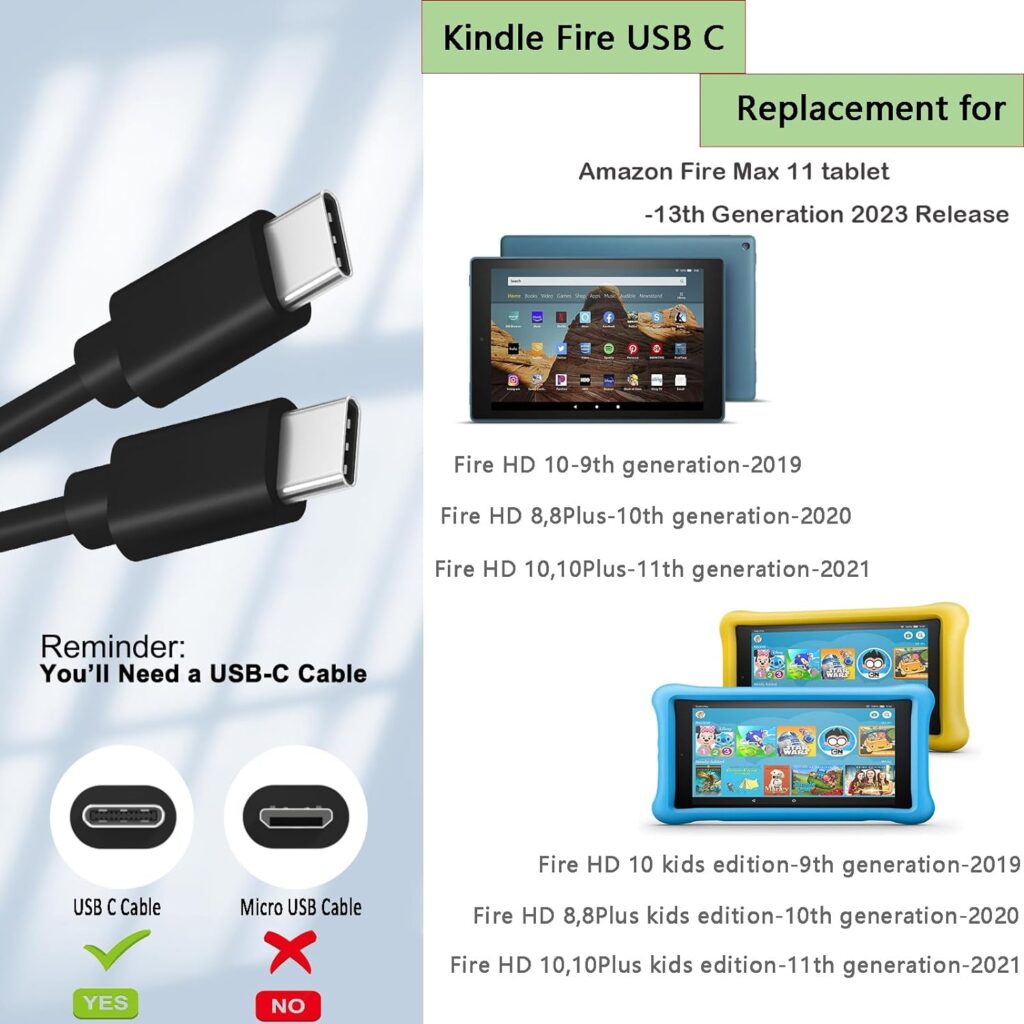 15W Fast Charger with 10Ft USB C Cable for Charging Amazon Fire Max 11 tablet-13th Generation 2023 Release, Fire HD10-11th Gen/9th Gen/Fire HD8-10th Gen/Fire HD7-12th Gen/Fire Plus/Fire Kids Pro