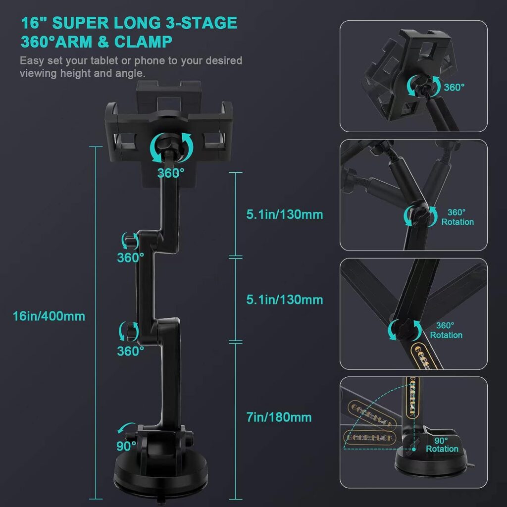 16 Long Tablet Mount Holder for Semi Truck, 360° Car Dashboard Windshield Stand 3-Stage Arm  4 Strong Suction Cup for iPad Pro 12.9/11/10.5/9.7/Air/Mini 6 5 4, Samsung Tab, 4.7-12.9 Tablets Phone