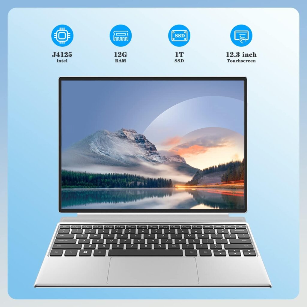 2 in 1 Laptop Computer, Intel J4125 Processor Windows 11 Touchscreen 12.3 HD Display With Detachable Keyboard 12GB RAM, 1T SSD Storage, Type-C, TF Card, Use for Business, Study and Entertainment