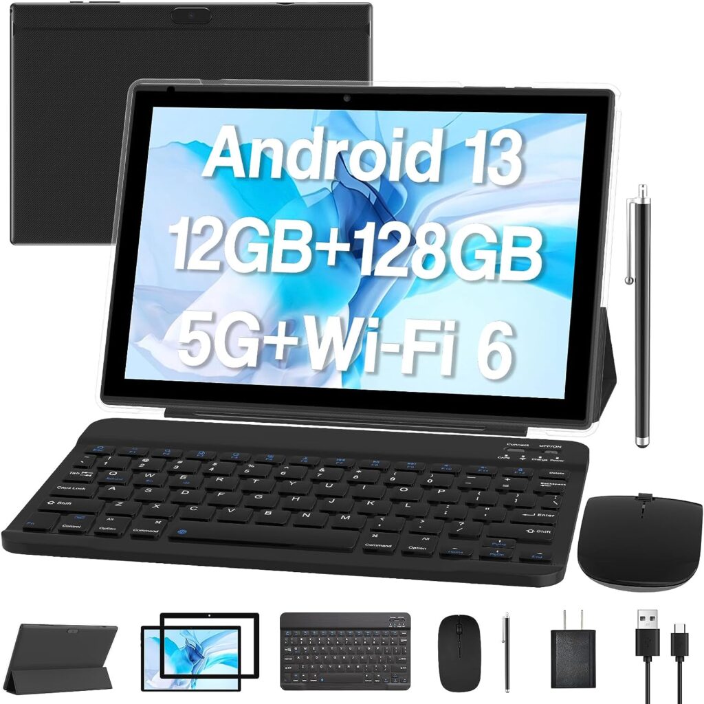 2023 Newest Android 13 Tablet 10 Inch, 12GB RAM 128GB ROM/1TB Expandable Tablet PC, 2 in 1 Tablets with Keyboard, Quad-Core 2.0GHz CPU HD Screen, Google Certified 5G WiFi 6 BT 5.0, 8MP Camera Tableta