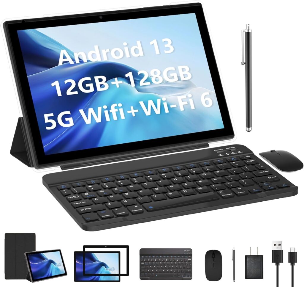 2023 Newest Android 13 Tablet with Keyboard 10 Inch 2 in 1 Tablets, 12GB RAM 128GB ROM 1TB Expand, Quad-Core 2.0GHz CPU Tablet PC, 5G WiFi 6 BT 5.0, 8MP Camera, Google Certified Tableta