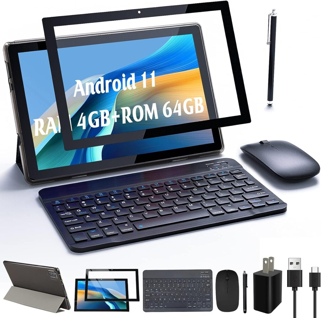 2023 Newest Tablet 2 in 1 4GB+64GB 10 inch Tablet with Keyboard And Case Mouse Stylus Film Game Tablet Android 11.0 Tablets PC, Tableta Computer 10.1 IPS Screen 8MP Dual Camera WiFi BT Google Play Tab