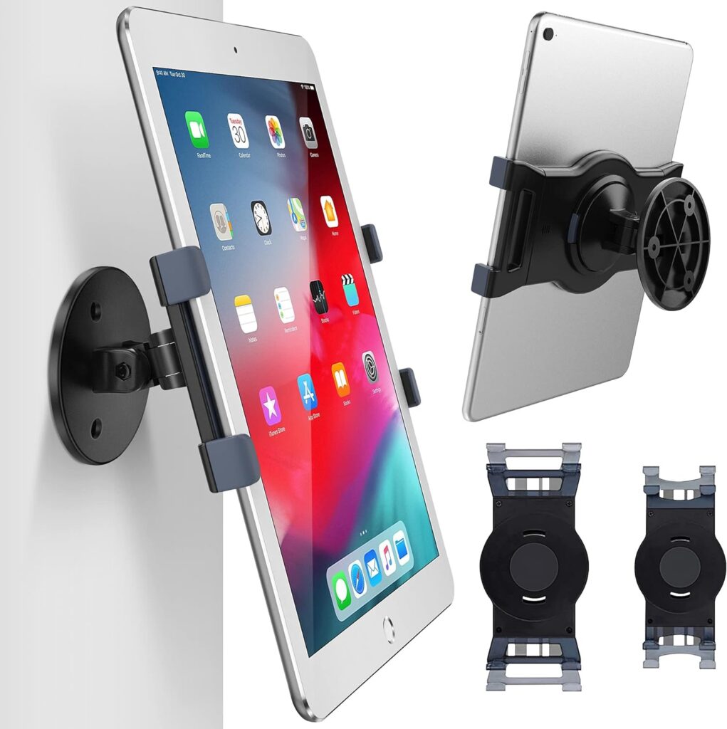 AboveTEK iPad Wall Mount, Swivel 360° Rotating Tablet Holder Two Brackets to Fit 6-13 Tablets, Horizontal/Vertical Tilt iPad Arm for Flexible Viewing Angles in Kitchen Showroom Retail Store (Black)