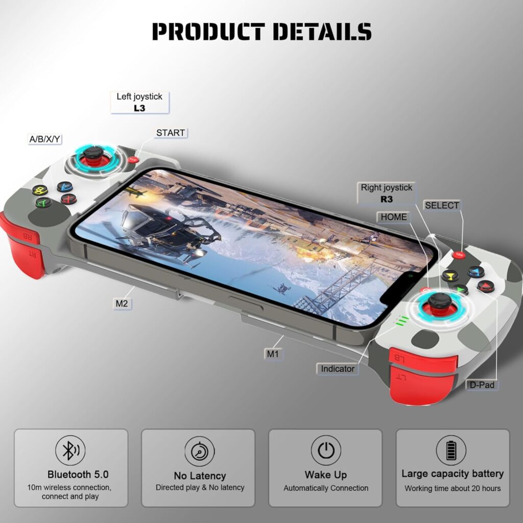 arVin Wireless Gaming Controller for iPhone Android Gamepad Joystick for iPhone 14/13/12/11, iOS, iPad, MacBook, Samsung Galaxy S22/S21/S20, TCL, Tablet, PC, Call of Duty Mobile -with Back Button