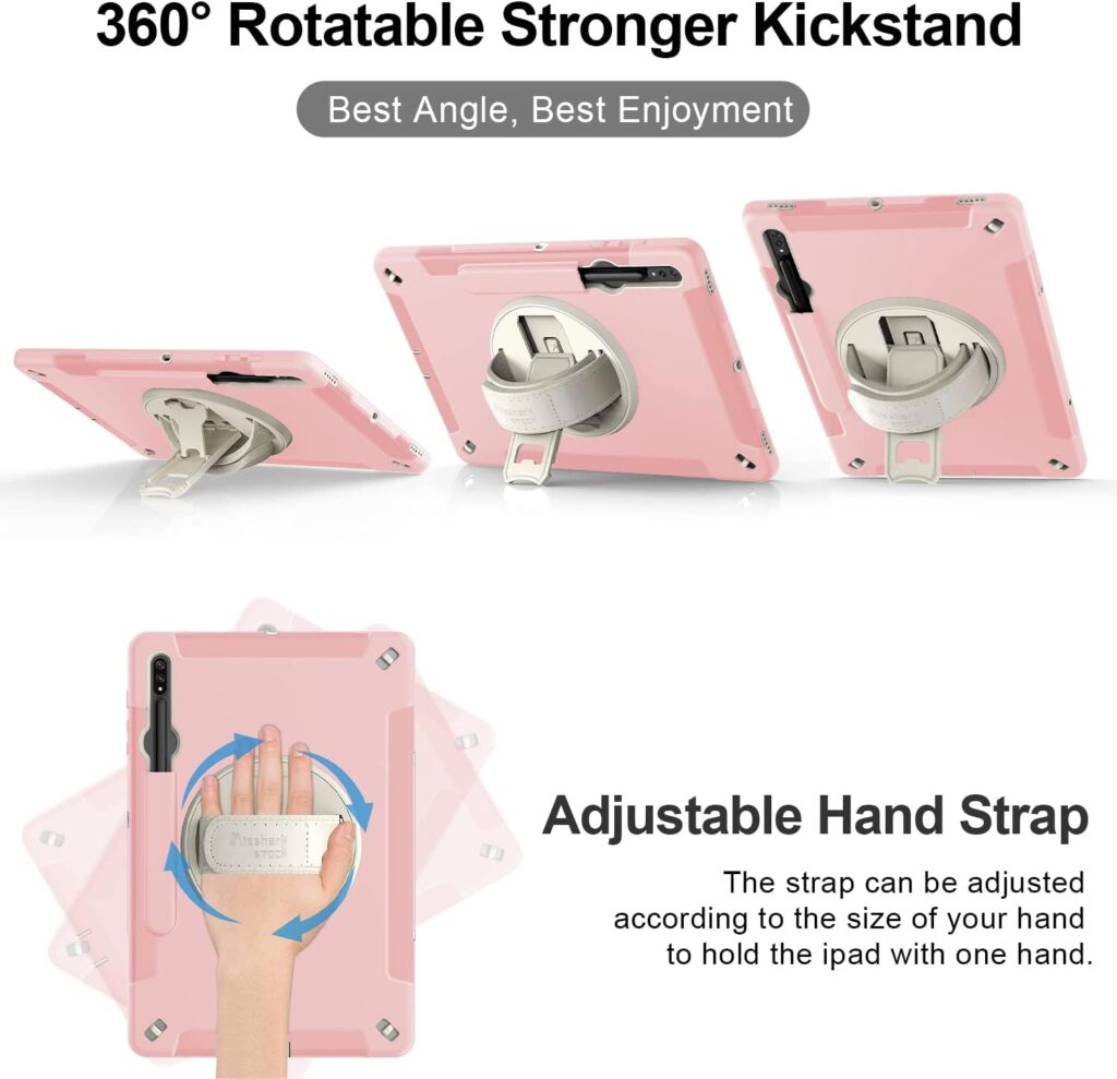 Case for Samsung Tab S8 Plus 2022: Heavy Duty Rugged Military Grade Shockproof Cover for Galaxy Tablet S7 FE 2021 12.4 Inch with 360° Swivel Stand - Handle - Shoulder Strap - S Pen Holder - Pink