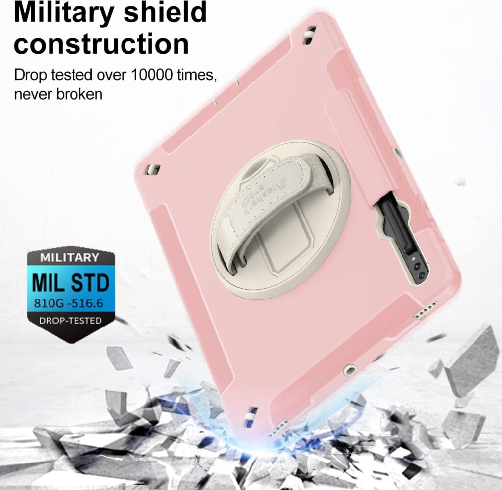 Case for Samsung Tab S8 Plus 2022: Heavy Duty Rugged Military Grade Shockproof Cover for Galaxy Tablet S7 FE 2021 12.4 Inch with 360° Swivel Stand - Handle - Shoulder Strap - S Pen Holder - Pink