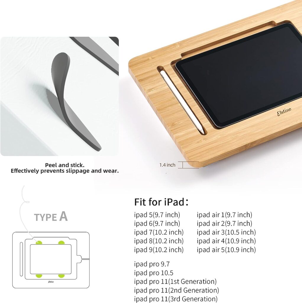 ELETIUO Adjustable Tablet Stand with PencilCharger Cable Slot,Bamboo Wooden Stand with Multiple Angles,Organizer Desktop Holder for Drawing,Compatible with ipads(Support to 9.7-11 Devices)
