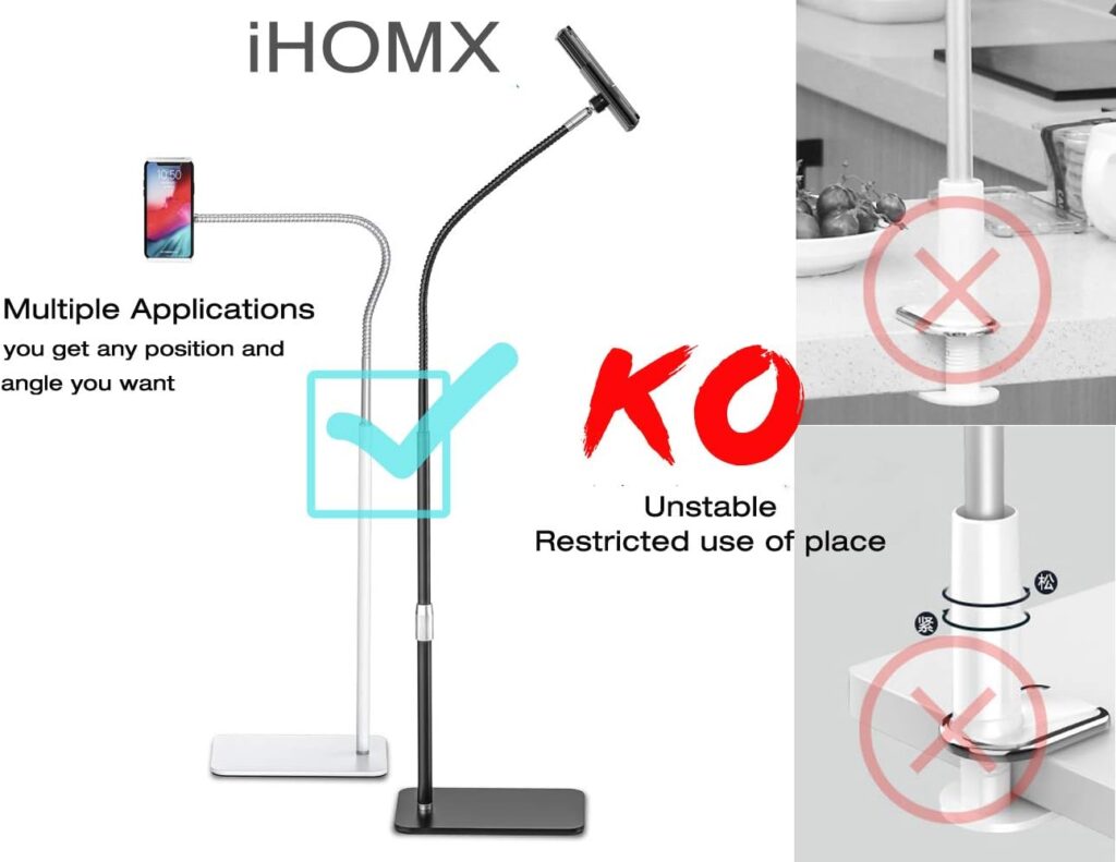 iHOMX Gooseneck Tablet Floor Stand, 360 Degree Rotating Long Arm  Vertical Adjustable Tablet Stand Holder for 4-12.9 Device, Cell Phone,iPad,Nintendo Switch, Samsung,eBook Reader (Vertical-Black)