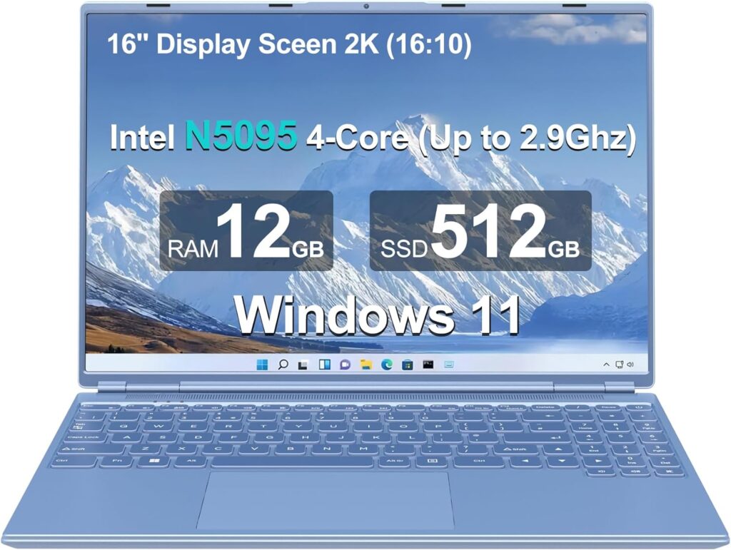 Ruzava/Aocwei 16 Laptop 12+512GB Celeron Intel N5095 (Up to 2.9Ghz) 4-Core Windows 11 PC with Cooling Fan 1920 * 1200 2K Screen Dual WiFi Support 2.5 HDD 1TB SSD Expand for Game Work Study-Blue