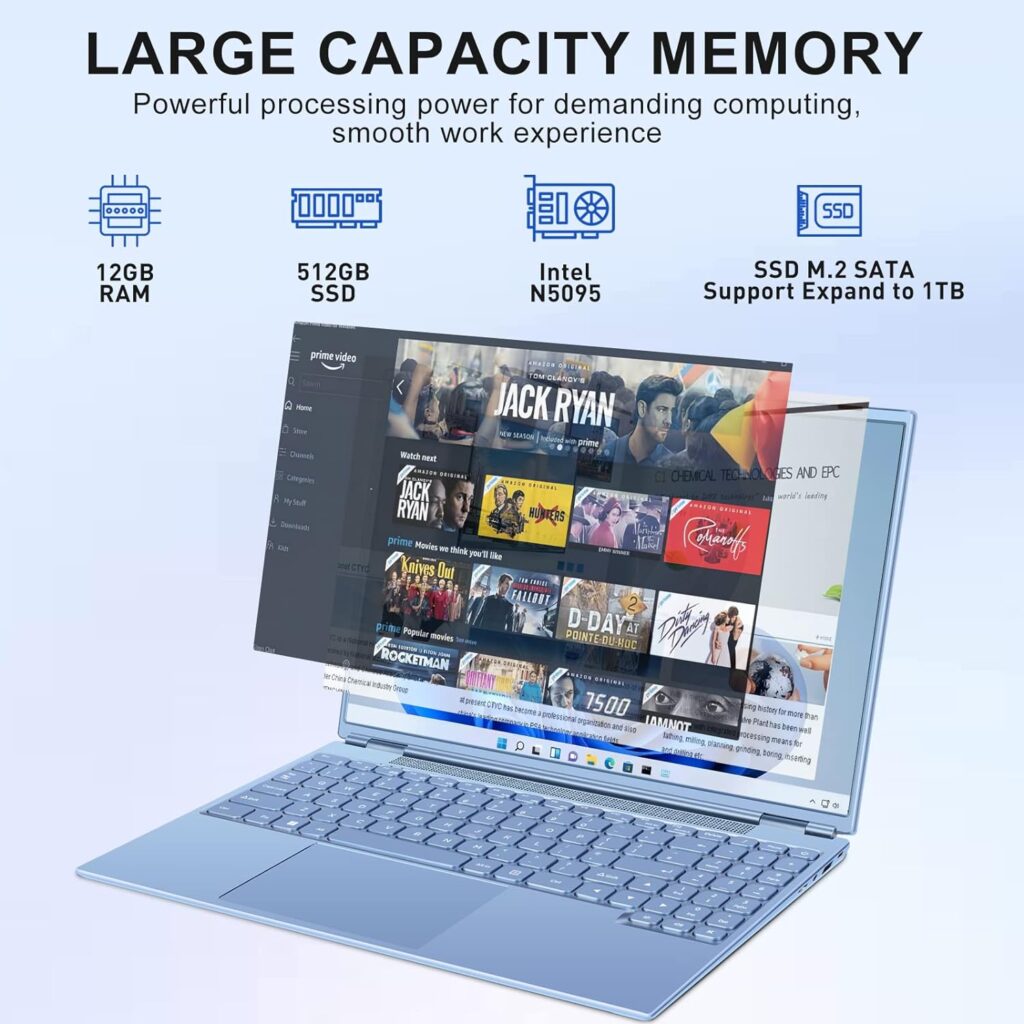 Ruzava/Aocwei 16 Laptop 12+512GB Celeron Intel N5095 (Up to 2.9Ghz) 4-Core Windows 11 PC with Cooling Fan 1920 * 1200 2K Screen Dual WiFi Support 2.5 HDD 1TB SSD Expand for Game Work Study-Blue