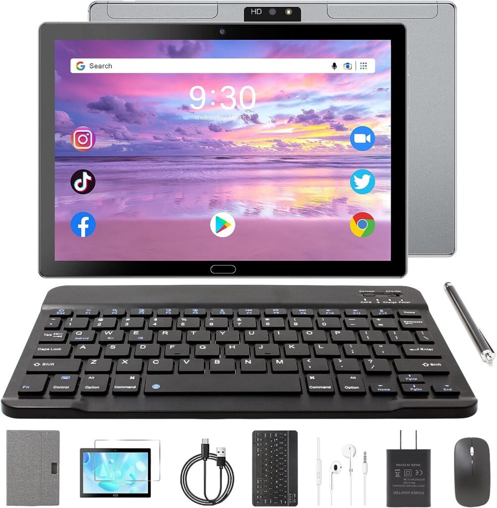 Semeakoko 10.1 inch Tablet with Keyboard, Android 12 Tablet 4+64GB, 2MP+8MP Dual Camera, Parent Control, HD Screen, WiFi, Bluetooth, 6000mAh Battery, Tablet PC with Keyboard/Mouse/Case