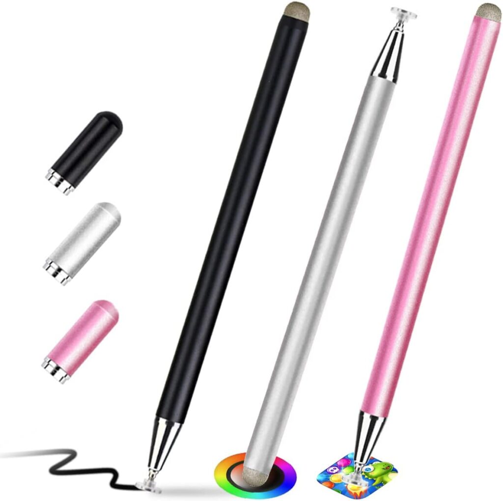 Stylus Pen for Touch Screen (3 Pack Two Way High Sensitivity) Universal Capacitive Pen for iPad iPhone Android Samsung Phone Microsoft Tablet Fine Point Disc Stylist Pencil Magnetic Cap Fiber Tips