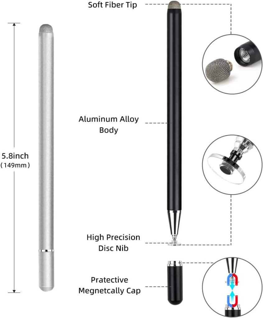 Stylus Pen for Touch Screen (3 Pack Two Way High Sensitivity) Universal Capacitive Pen for iPad iPhone Android Samsung Phone Microsoft Tablet Fine Point Disc Stylist Pencil Magnetic Cap Fiber Tips