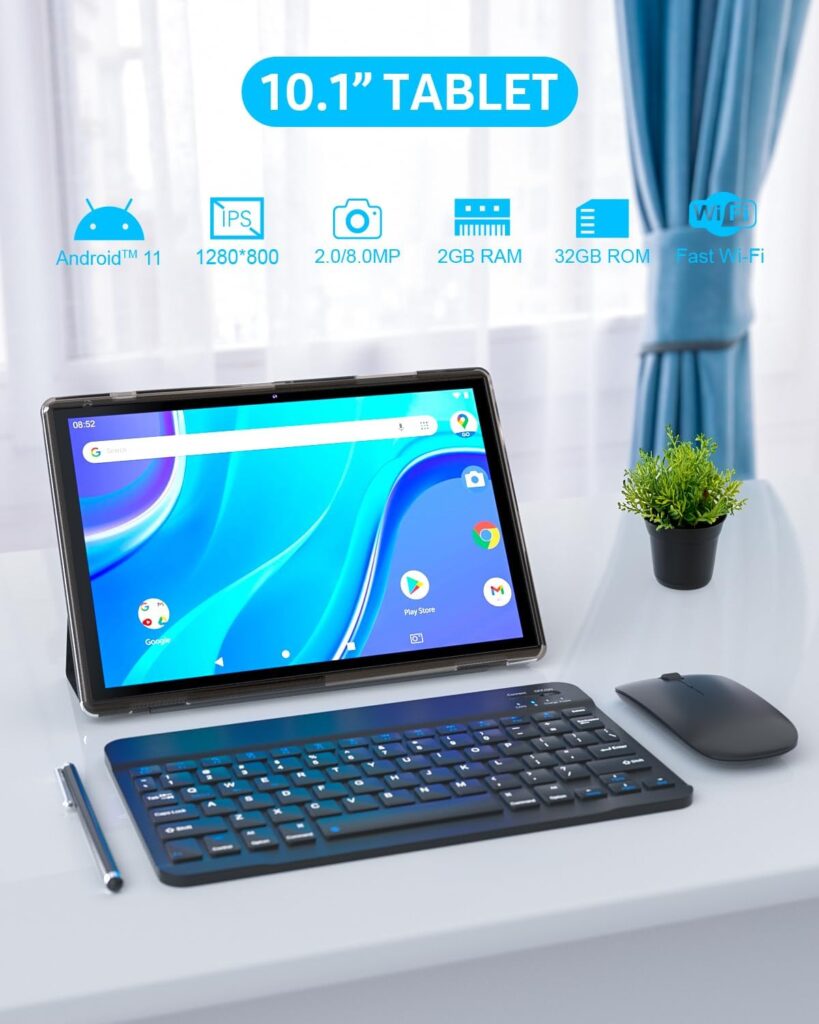 Tablet 2 in 1 Android 11 Tablets with Keyboard 10 inch Tabletas Include Case Mouse Stylus Tempered Film 6000mAh Tablet 2GB+32GB / 512GB Expandable Tableta, 8MP Dual Camera, WiFi BT Google Tablet PC.