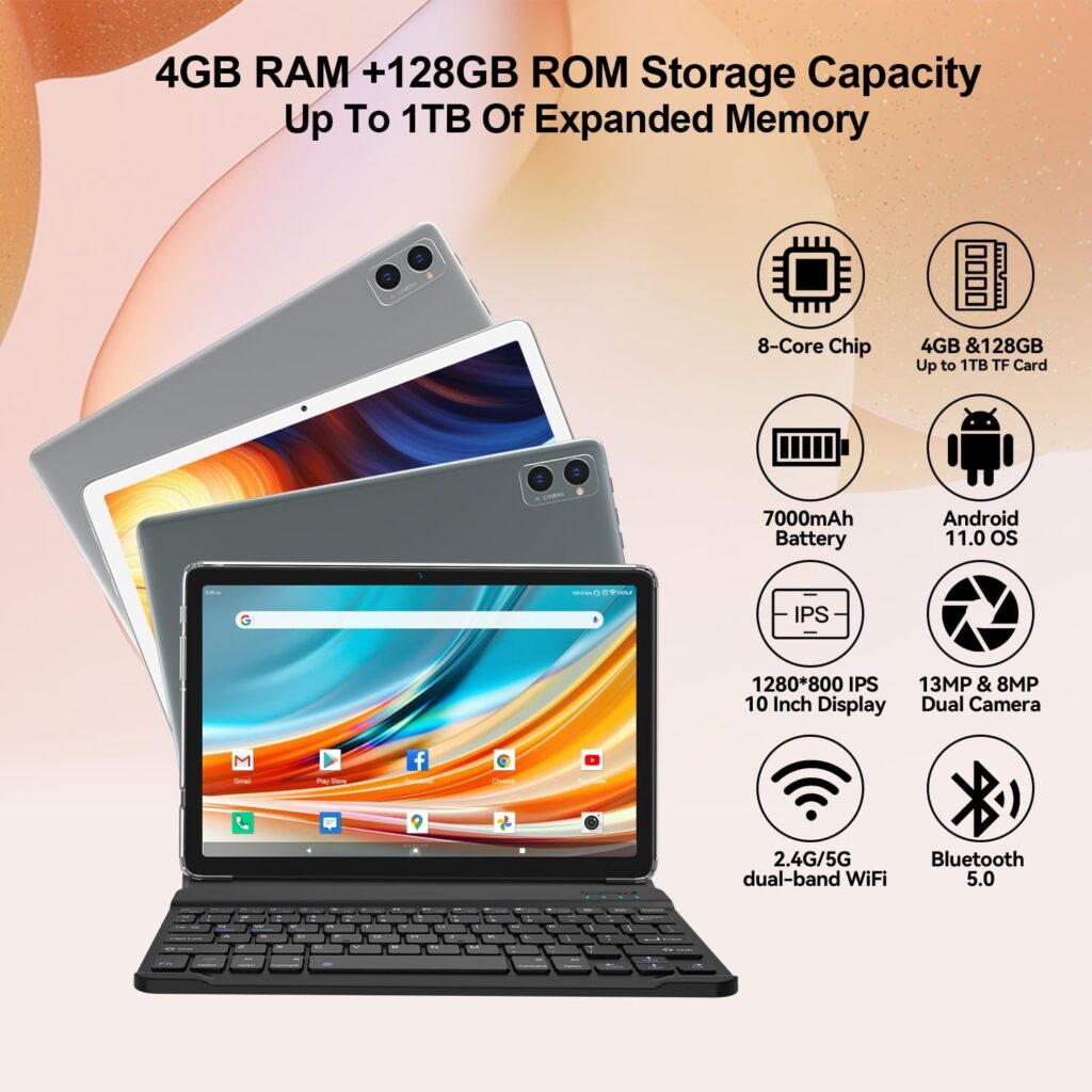 Tablet Android 2023 10 Inch Tablet, 2-In-1 Octa-Core Tablet with 128GB + 1TB Expansion + 4GB, Keyboard, 13+8MP Dual Camera, 5G WIFI, HD Touch Screen Tablet with Stylus, Mouse, Bluetooth, GPS, Case