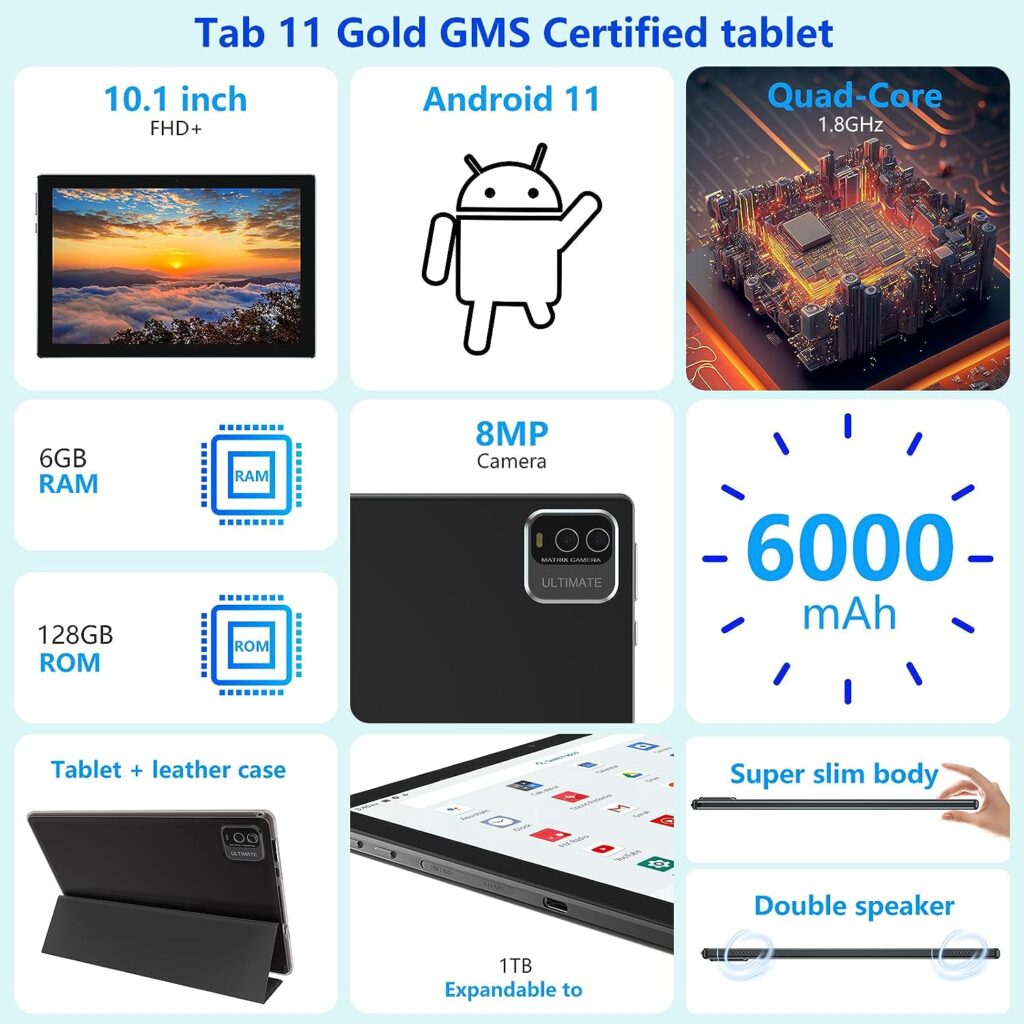 Tablet with Keyboard, 10 inch Tablet 2 in 1 Tablets, 128GB+6GB Android 11 Tableta PC, 1.8GHz Quad Core 1280*800 10.1 FHD 8MP Dual Camera BT WIFI6 5G WiFi Including Mouse Case Stylus Tempered Film Tab