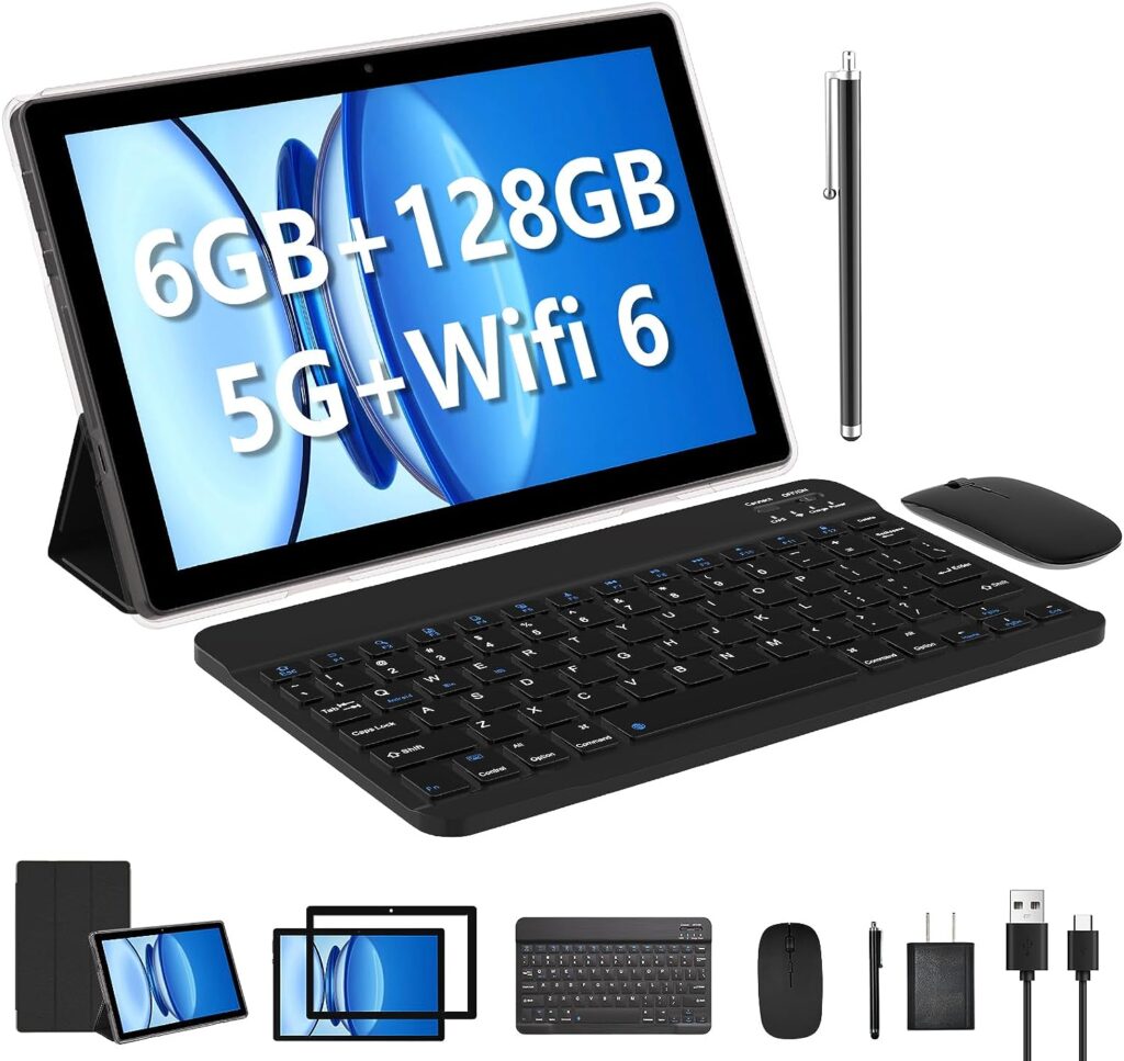 Tablet with Keyboard, 10 inch Tablet 2 in 1 Tablets, 128GB+6GB Android 11 Tableta PC, 1.8GHz Quad Core 1280*800 10.1 FHD 8MP Dual Camera BT WIFI6 5G WiFi Including Mouse Case Stylus Tempered Film Tab