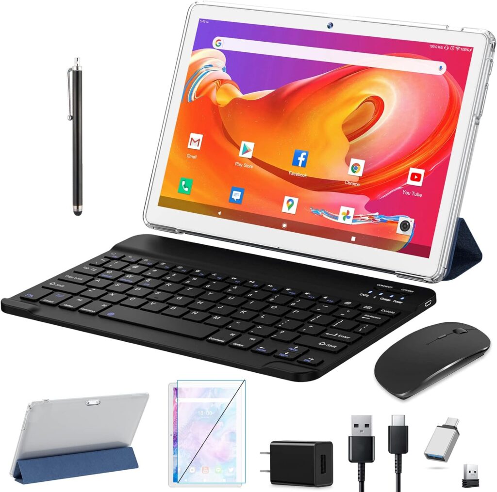 2023 Newest Tablet 10 Inch, Android 11 Tablet Newest Quad-core Processor, 2 in 1 Tablet with Keyboard, 64GB ROM + 4GB RAM Storage, 128GB Expandable, 5G WiFi, Bluetooth, GPS, 1280 * 800 HD Display