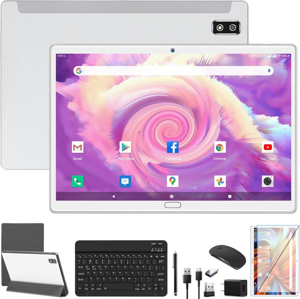 Android 11.0 Tablet, 2023 Latest 2 in 1 Tablet 10.1 Inch, 4G Cellular Tablet with Keyboard, 64GB+4GB Storage, Octa-Core Processor, 2 Sim Slot, 13MP Camera, Mouse/Stylus/GPS/WiFi/Bluetooth (Silver)