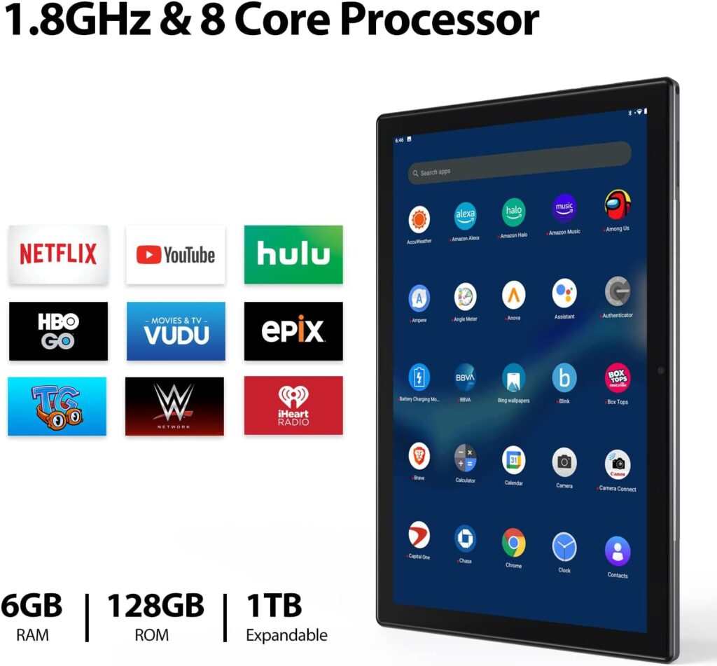 Android Tablet 10 Inch, 6GB RAM 128GB Storage, 1.8Ghz 8-core, Google Kids Space, 300Nits Brightness 1080P FHD Display, 7000mAh, 2.4G+5G WiFi, Gyroscope, GPS, Metal Body, PlimPad P60 Space Gray