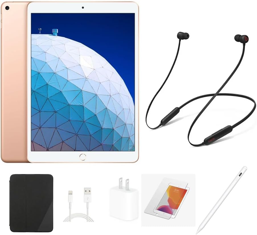 Apple iPad Air 3rd Gen 64GB | Gold | Wi-Fi Only | Bundle: Case, Tempered Glass, Rapid Charger, Pen, Bluetooth Headset (Renewed)