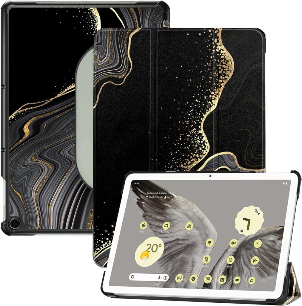 Deokke Compatible with Google Pixel Tablet 2023 11inch Case,Trifold Stand Hard Back Multiple Viewing Angles Case for Girls Women-Black Gold Marble