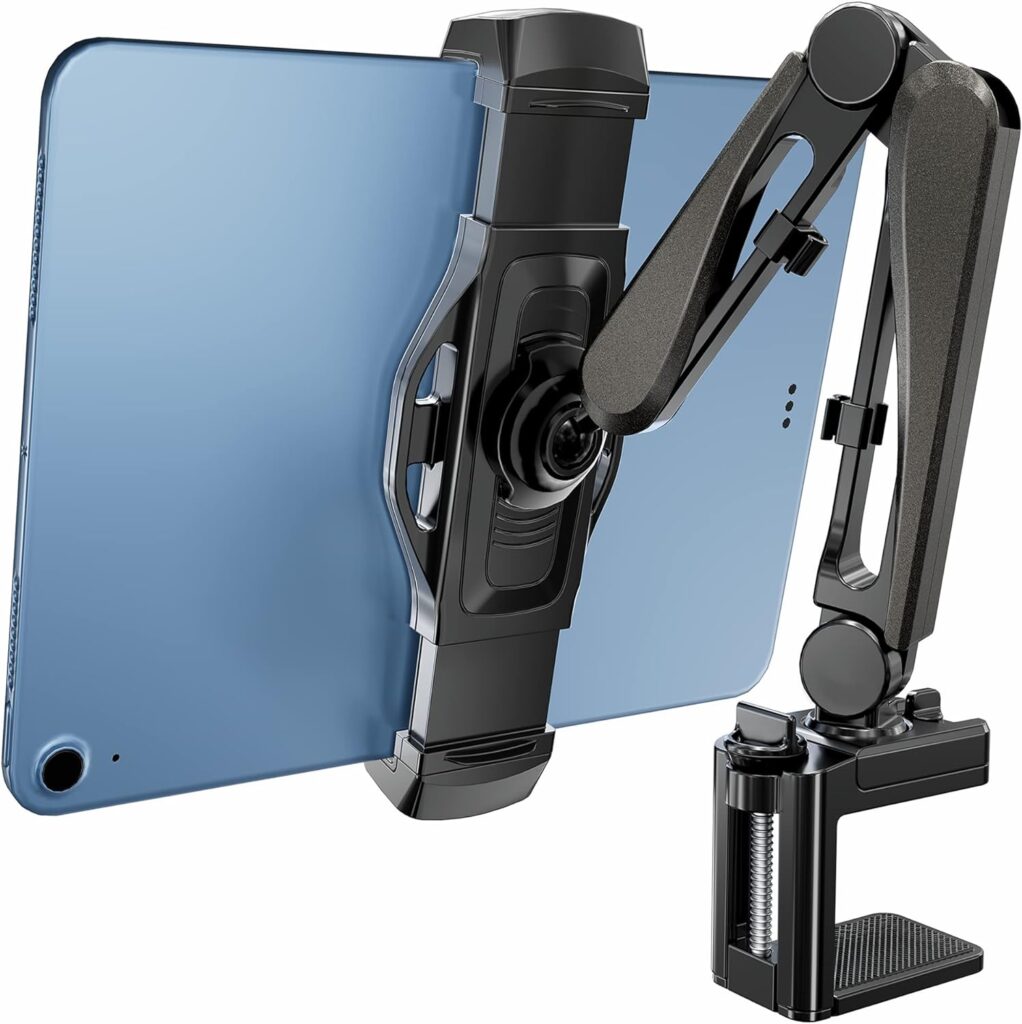 ergounion Phone  Tablet Holder for Desk, iPad Mount with Clamp Base, Flexible Arm with Cable Management, Adjustable Tablet Stand for Home Office Recording/Filming Apartment Must Haves, Black