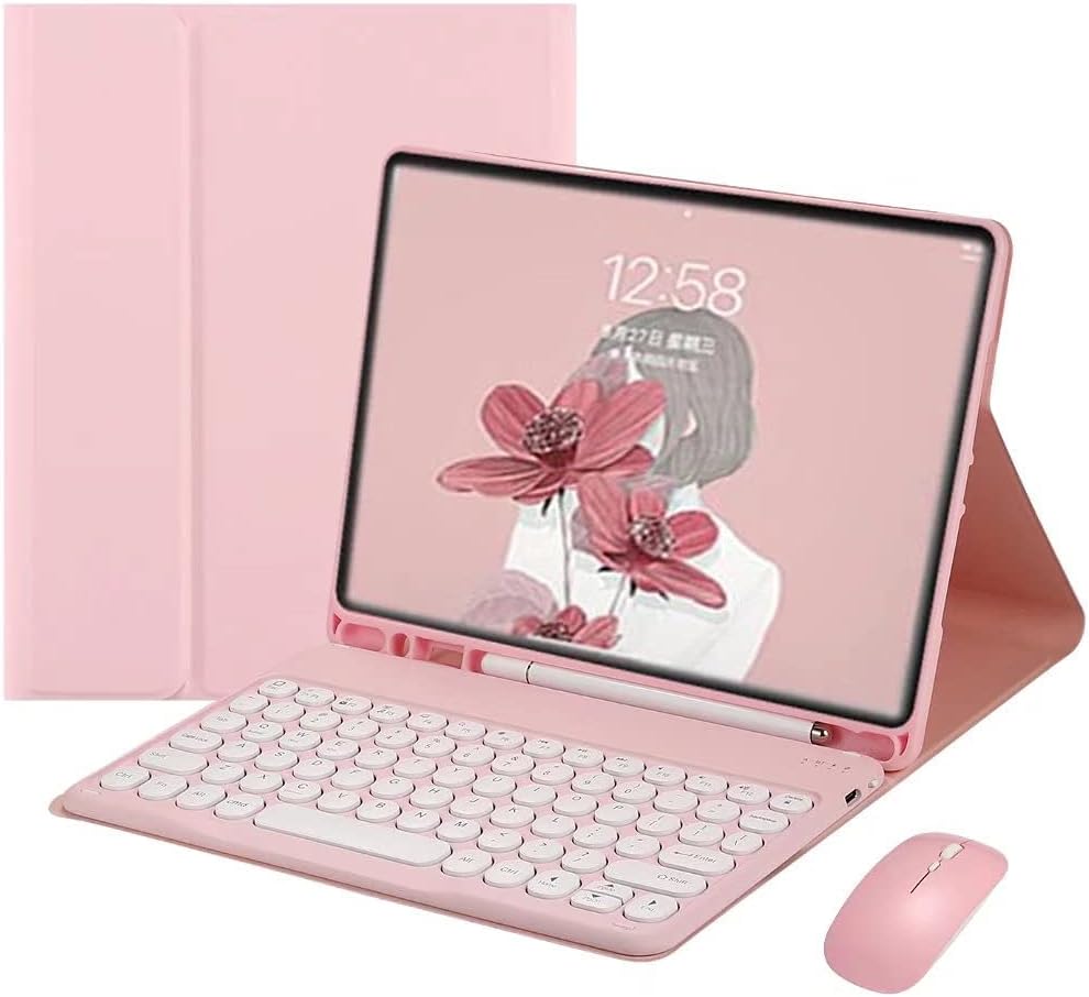 Galaxy Tab A8 10.5 Inch 2022 Model (SM-X200/X205/X207) Case with Keyboard and Mouse Combo,Circle Keys Detachable Magnet Wireless Bluetooth Keyboard Slim Stand Cover with S Pen Holder (Pink)