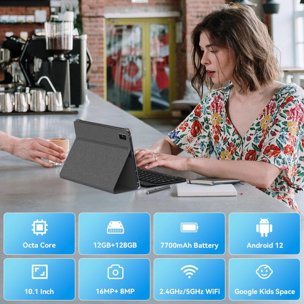 Headwolf Android Tablet with Keyboard, 2 in 1 10 Inch Tablet 12GB+128GB+512GB Expand Octa Core Android 12 Tablet with Case Mouse Stylus, 7700mAh Battery, 16MP Camera, WiFi, Bluetooth 5.0, GPS (Gray)