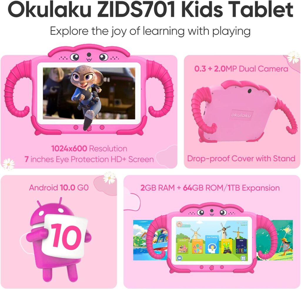 Kids Tablet 7 inch Tablet for Kids 64GB Toddler Tablet with Case Software Installed, Kids Learning Tablet with WiFi for Boys Girls, Android Tablet with Dual Camera Parental Control YouTube Netflix