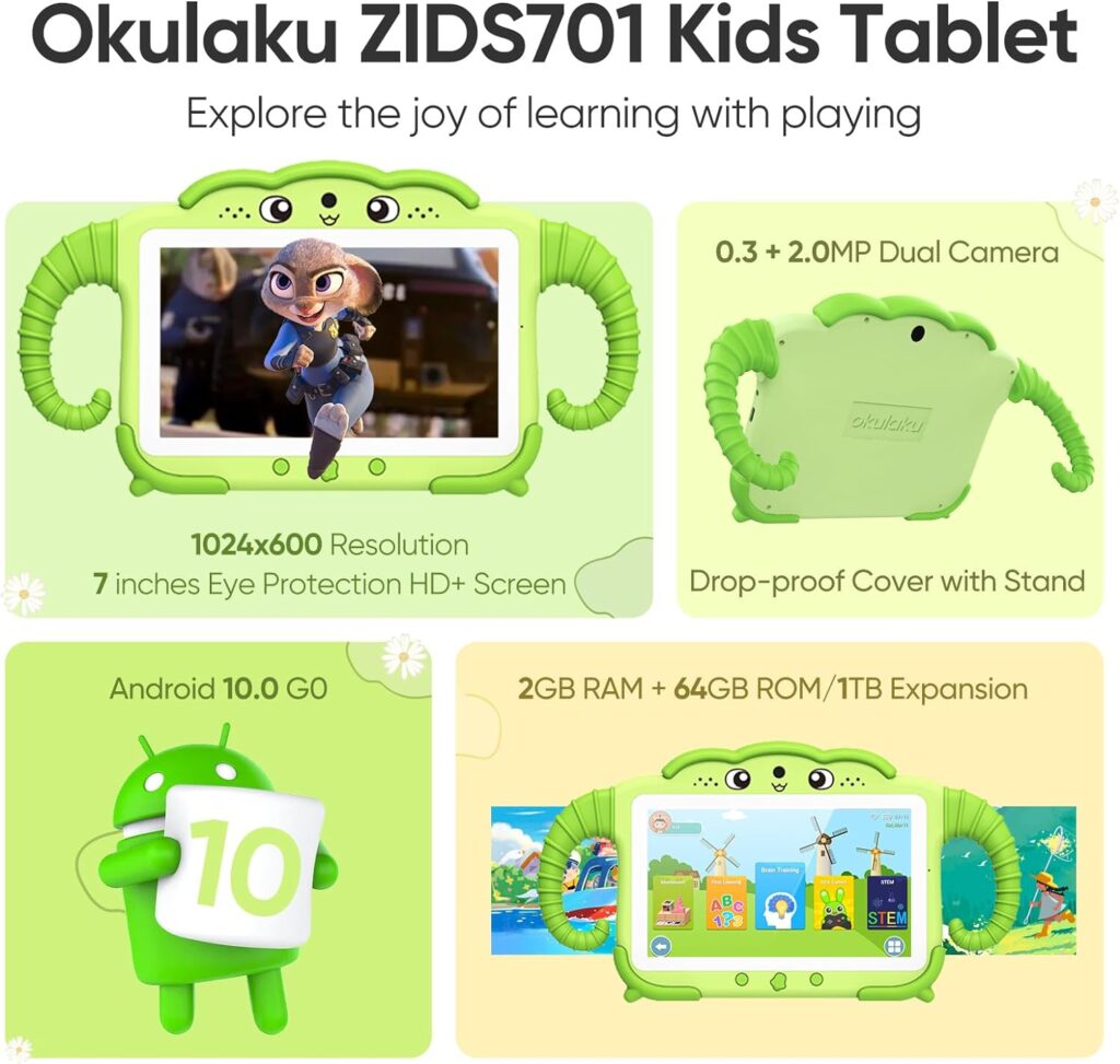 Kids Tablet 7 inch Tablet for Kids 64GB Toddler Tablet with Case Software Installed, Kids Learning Tablet with WiFi for Boys Girls, Android Tablet with Dual Camera Parental Control YouTube Netflix