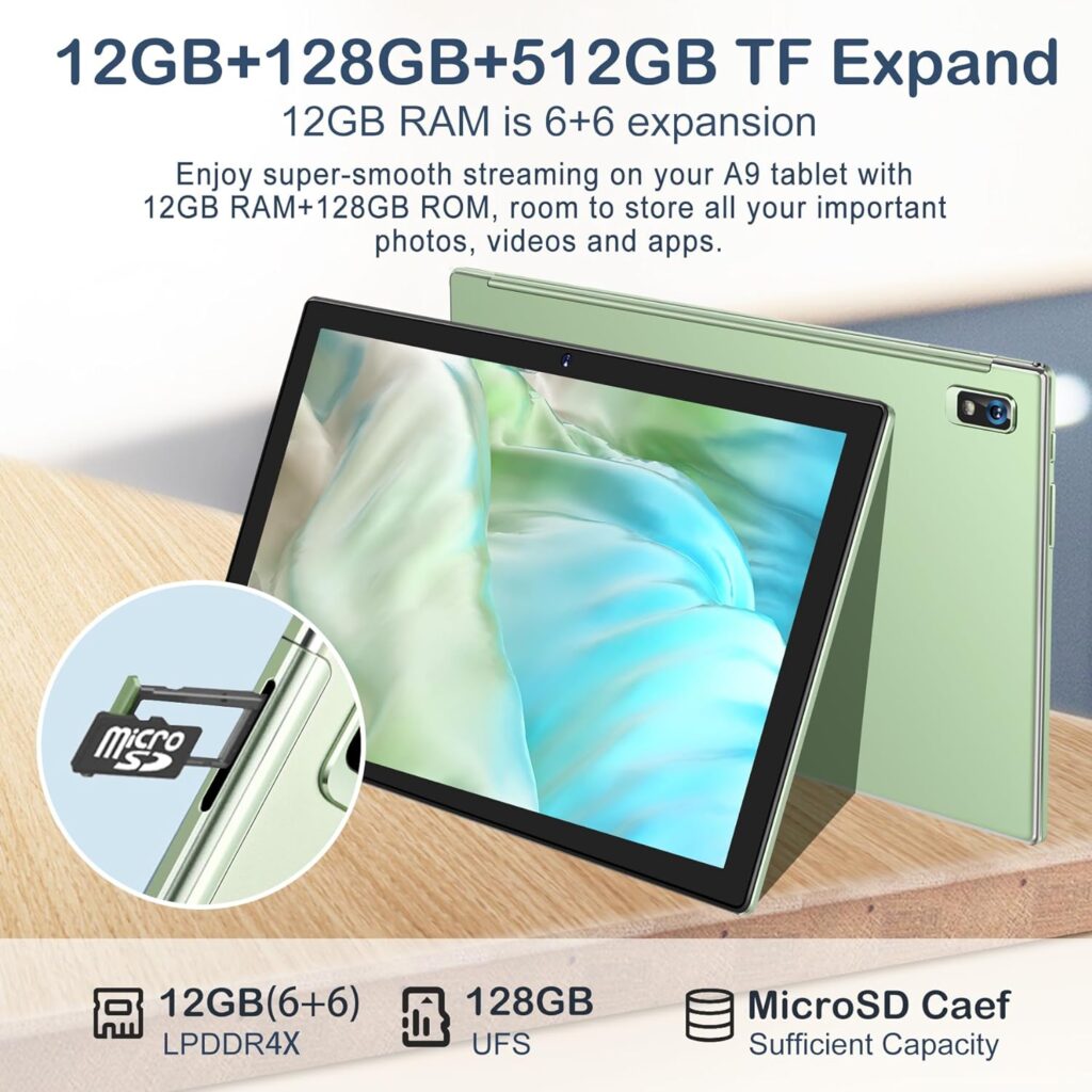 Oangcc Android 13 Tablet 10 Inch 𝟐𝟎𝟐𝟑 𝐋𝐚𝐭𝐞𝐬𝐭 with 12GB(6+6 Expand)+128GB Keyboard Mouse WiFi Bluetooth GPS 512GB Expand Support, Dual Camera Computer Tablets with Case - Green