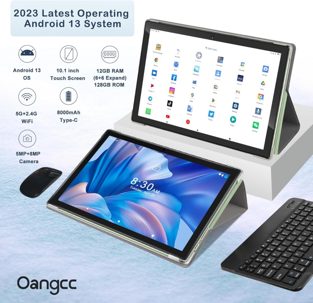 Oangcc Android 13 Tablet 10 Inch 𝟐𝟎𝟐𝟑 𝐋𝐚𝐭𝐞𝐬𝐭 with 12GB(6+6 Expand)+128GB Keyboard Mouse WiFi Bluetooth GPS 512GB Expand Support, Dual Camera Computer Tablets with Case - Green