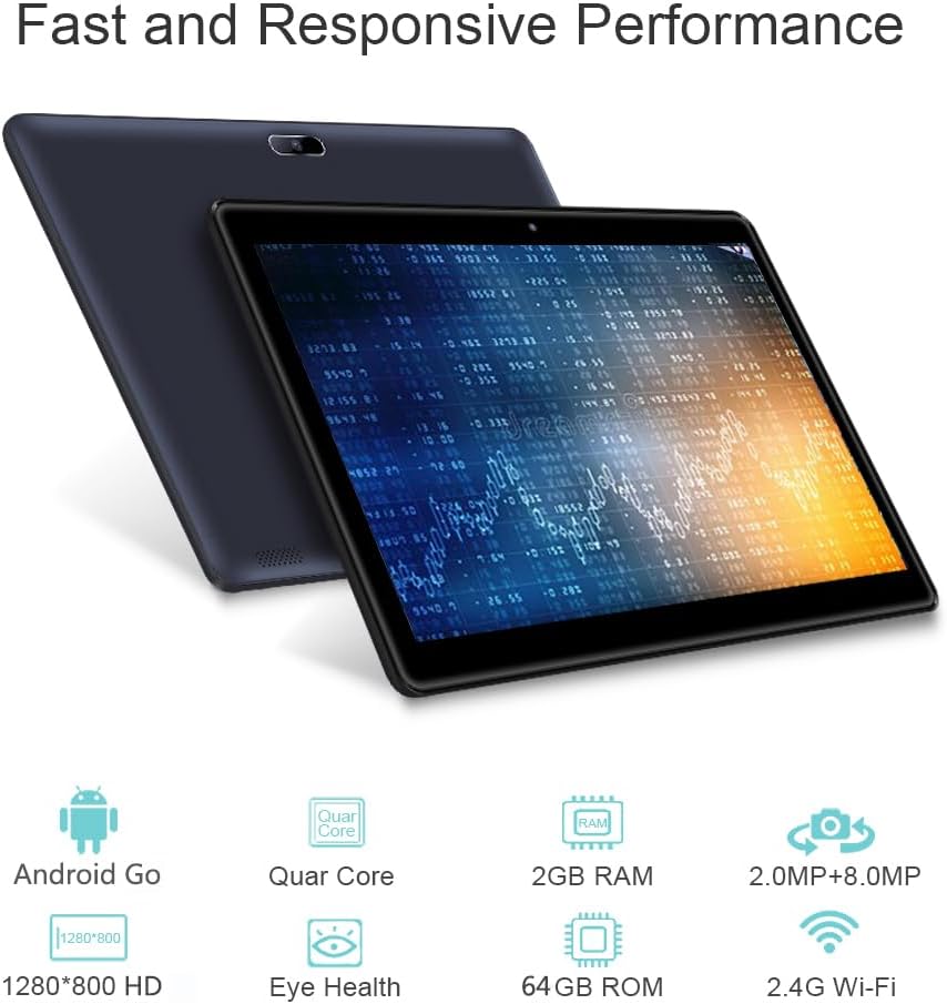 PRITOM M10 10 inch Tablet - Android Tablet with 2GB RAM, 64GB ROM, 512GB Expandable, Quad-Core, HD IPS Screen, 2.0 MP + 8.0 MP Dual Camera, WiFi, Bluetooth, Stable Tablet with 6000mAh Battery